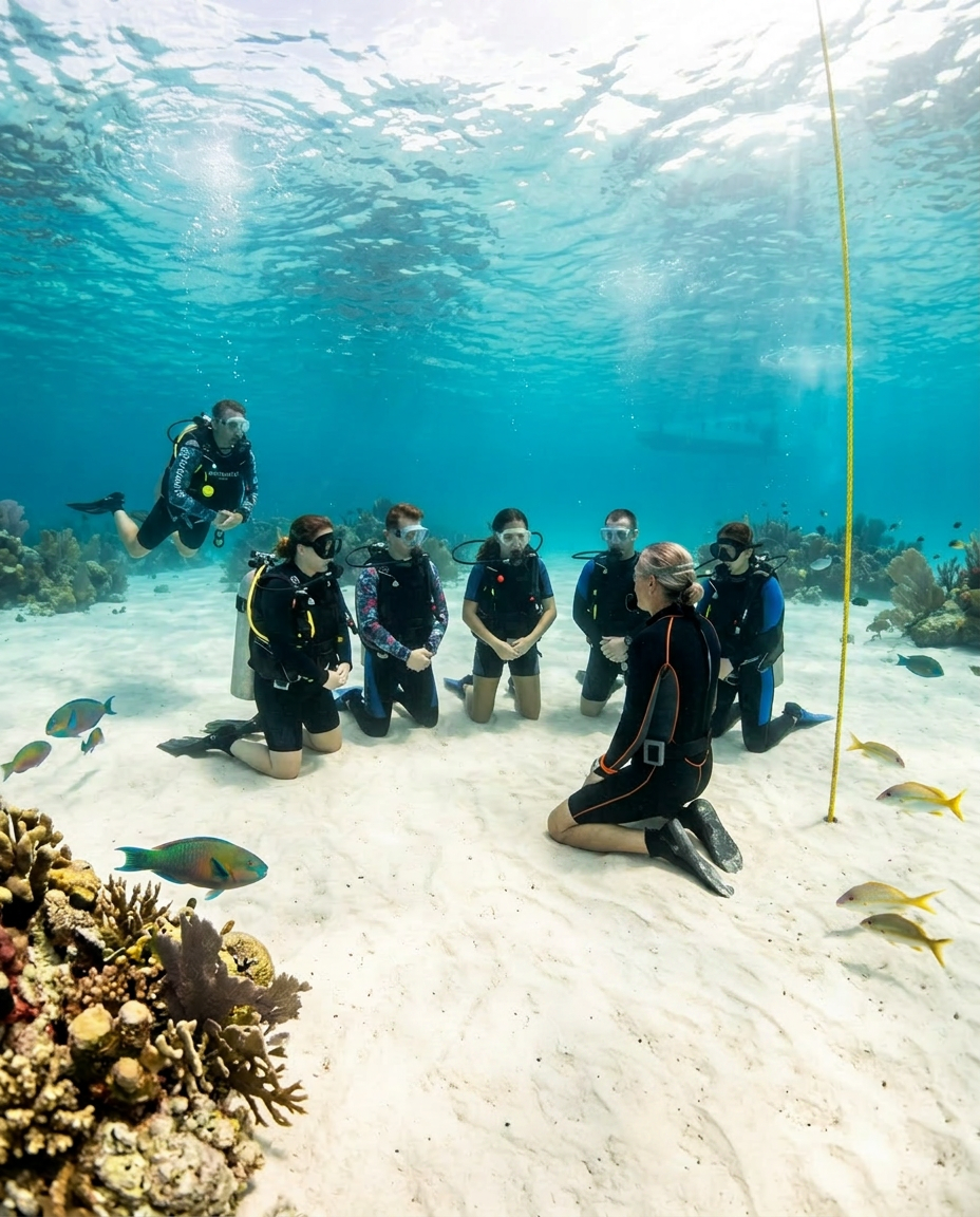 Students practising the fin pivot on a sand patch surrounded by shallow Caribbean reef